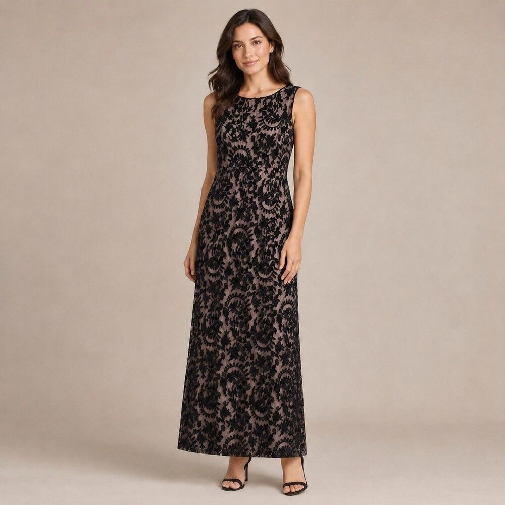 Adrianna Papell Black Nude Lace Maxi Evening Dress Sz 10P Wedding Guest Elegant